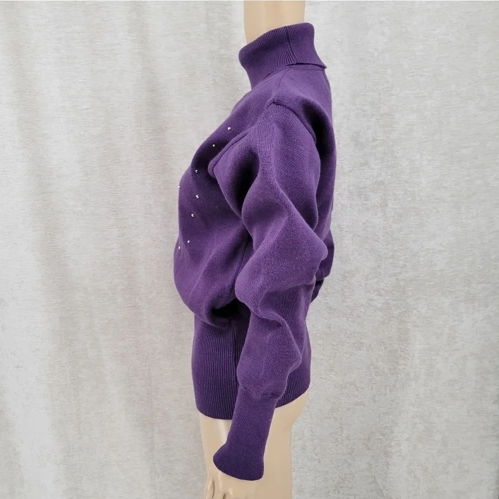 Kaelin 80s Purple Embellished Turtleneck Sweater Cinched Waist Vintage Women's